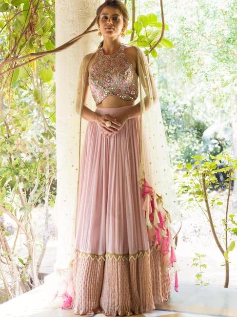 basanti kapde aur koffee pink mirror work lehenga and blouse with contrasting dupatta