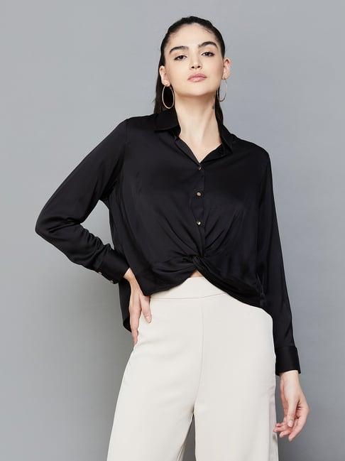 code by lifestyle black regular fit crop shirt