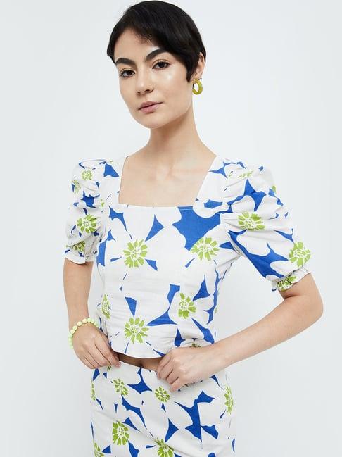 ginger by lifestyle blue & white linen floral print crop top