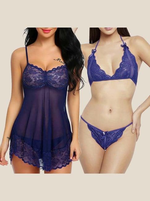 arousy blue self pattern babydoll lingerie set - pack of 2