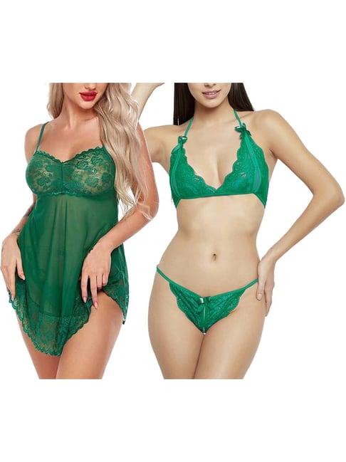 arousy green self pattern babydoll lingerie set - pack of 2