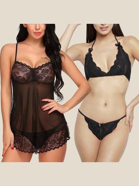 arousy black self pattern babydoll lingerie set - pack of 2