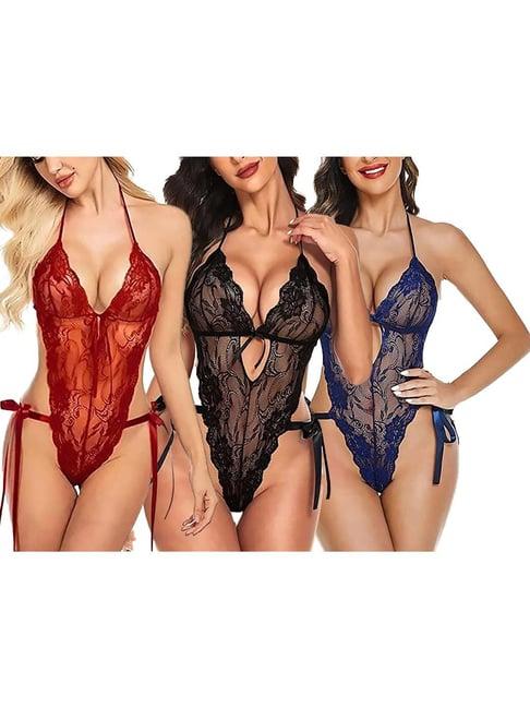 arousy black & maroon self pattern babydolls - pack of 3