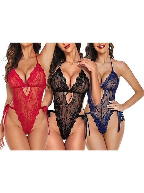 arousy black & blue self pattern babydolls - pack of 3