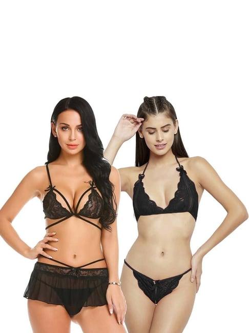 arousy black self pattern babydoll lingerie set - pack of 2