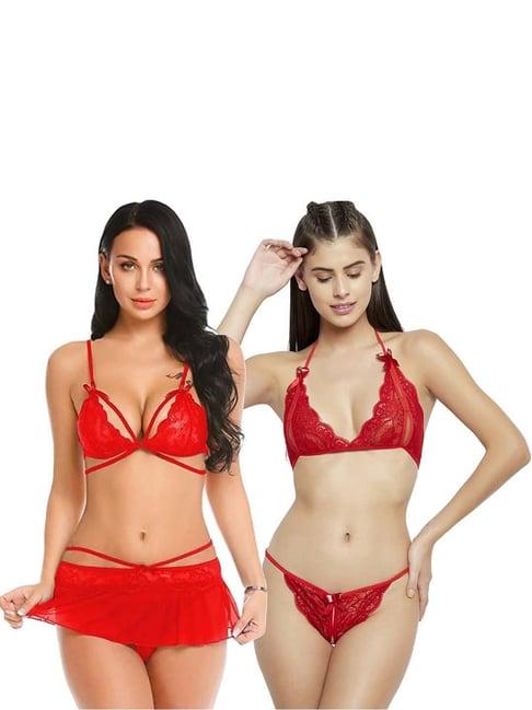 arousy red self pattern babydoll lingerie set - pack of 2