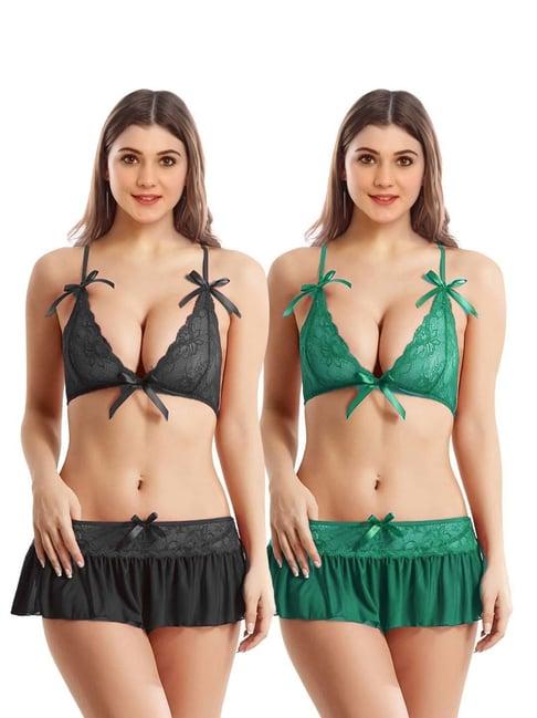 arousy black & green self pattern babydolls - pack of 2