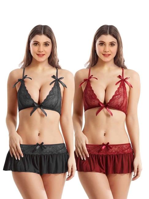 arousy black & maroon self pattern babydolls - pack of 2