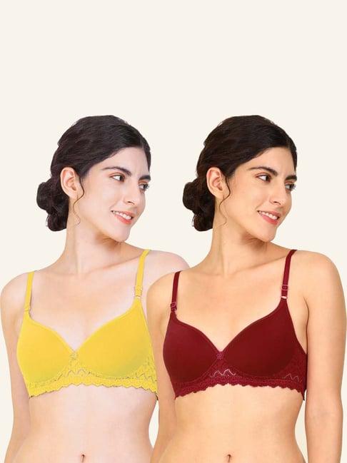 arousy yellow & maroon cotton lace work t-shirt bras - pack of 2