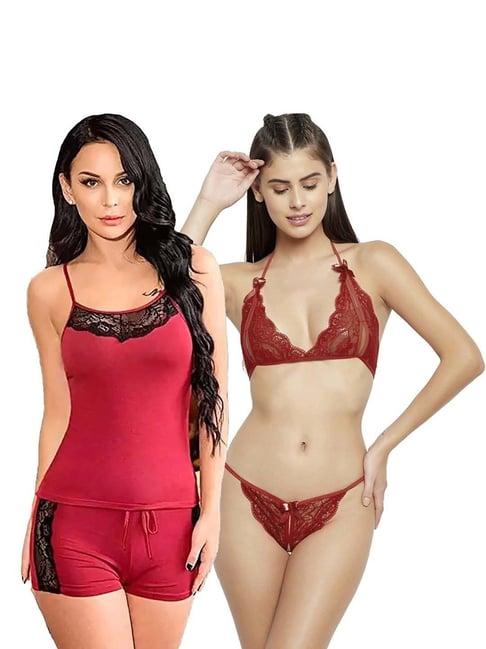 arousy maroon self pattern babydoll lingerie set - pack of 2