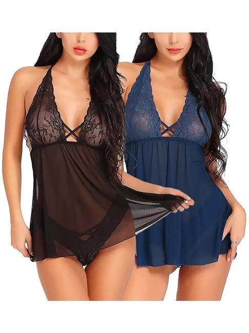 arousy black & blue self pattern babydolls - pack of 2