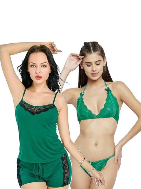 arousy green self pattern babydoll lingerie set - pack of 2