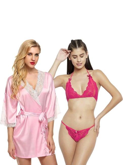 arousy pink self pattern babydoll lingerie set - pack of 2