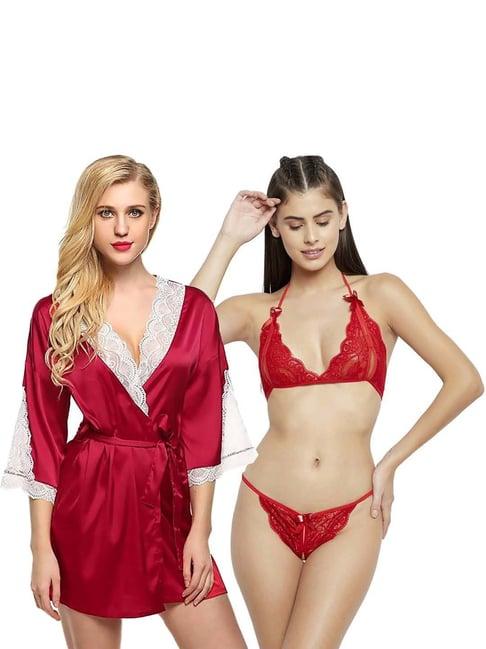 arousy red self pattern babydoll lingerie set - pack of 2