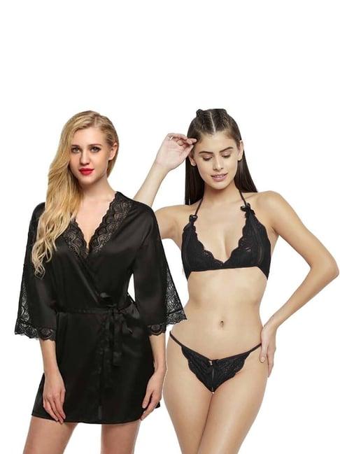 arousy black self pattern babydoll lingerie set - pack of 2