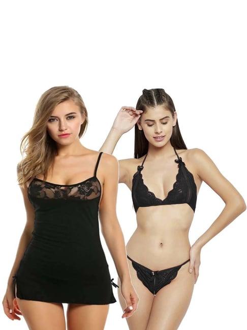 arousy black self pattern babydoll lingerie set - pack of 2