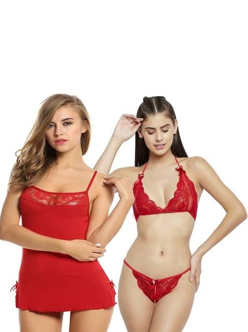 arousy red self pattern babydoll lingerie set - pack of 2