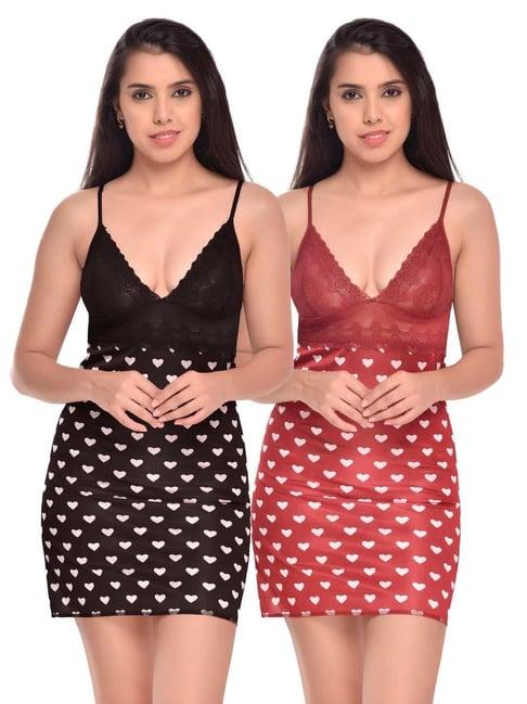 arousy black & maroon self pattern babydolls - pack of 2