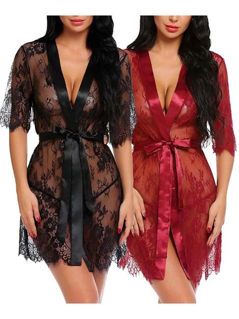 arousy black & maroon self pattern babydolls - pack of 2