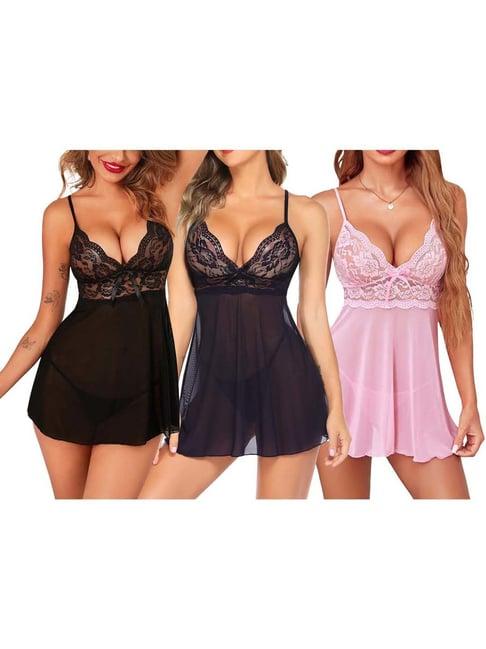 arousy black & blue self pattern babydolls - pack of 3