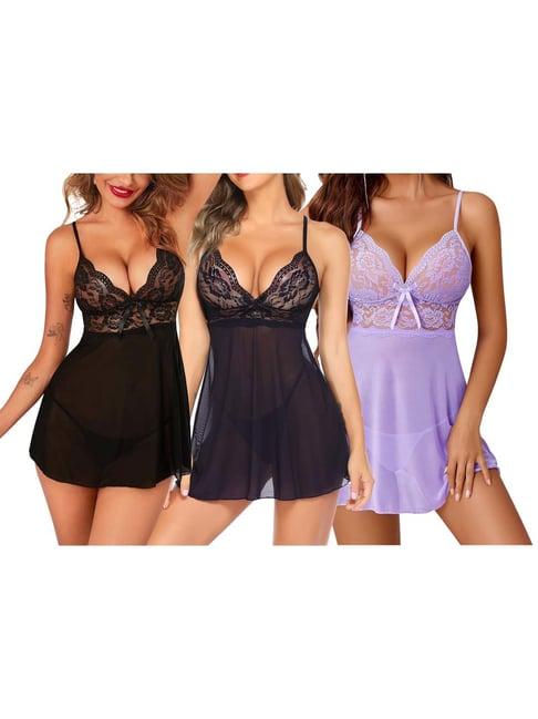 arousy black & blue self pattern babydolls - pack of 3