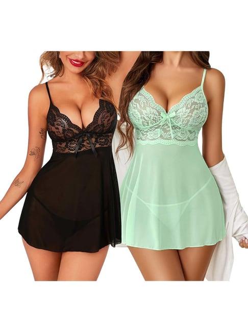 arousy black & green self pattern babydolls - pack of 2