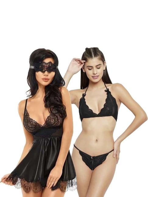 arousy black self pattern babydoll lingerie set - pack of 2