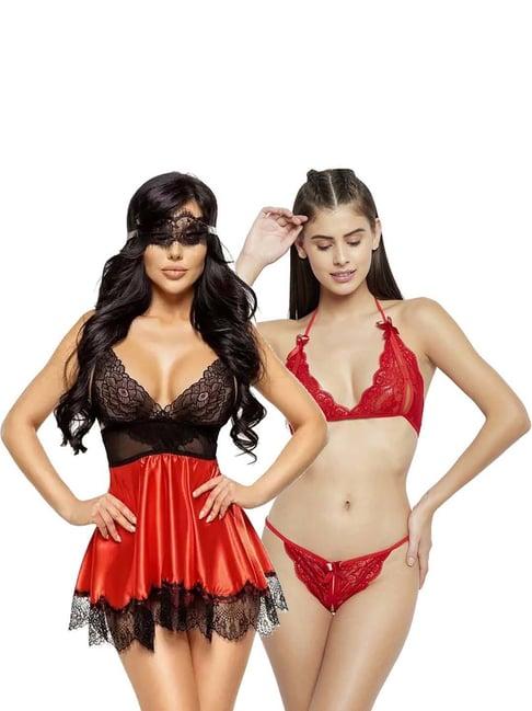 arousy red self pattern babydoll lingerie set - pack of 2