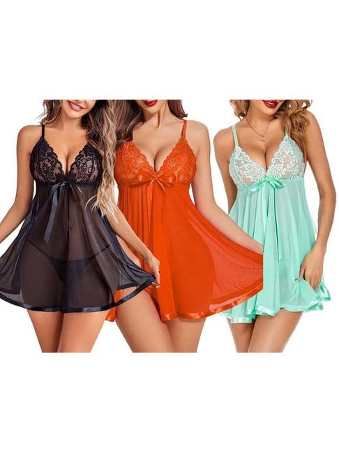 arousy black & orange self pattern babydolls - pack of 3