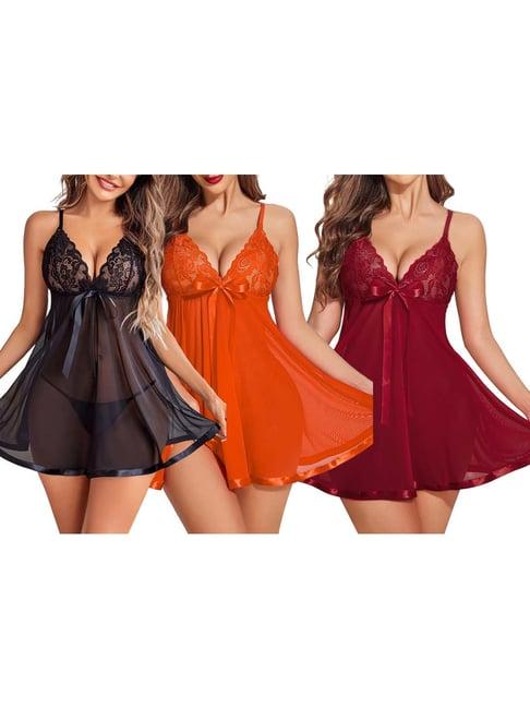 arousy black & orange self pattern babydolls - pack of 3