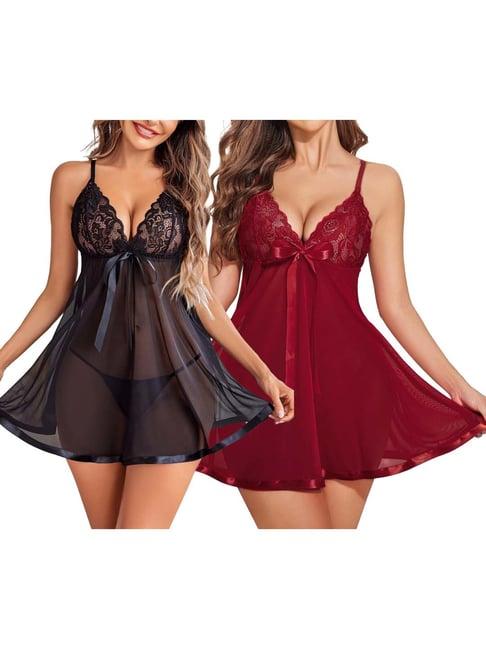 arousy black & maroon self pattern babydolls - pack of 2