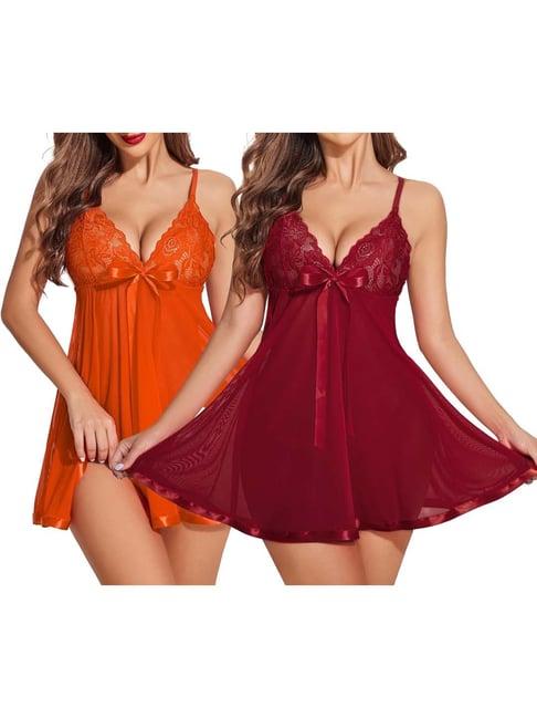 arousy orange & maroon self pattern babydolls - pack of 2