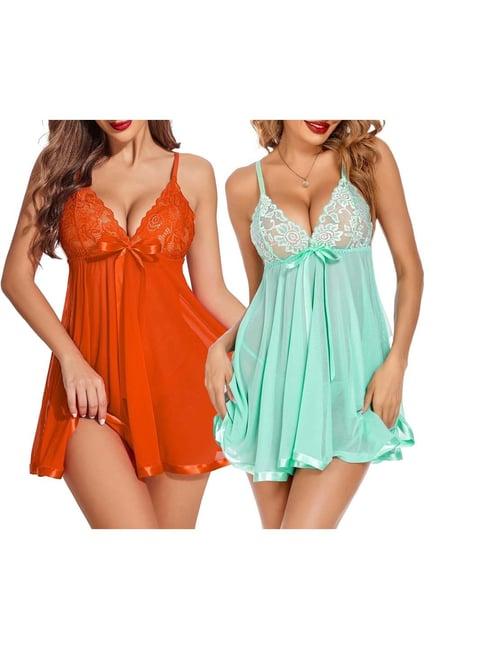 arousy orange & green self pattern babydolls - pack of 2