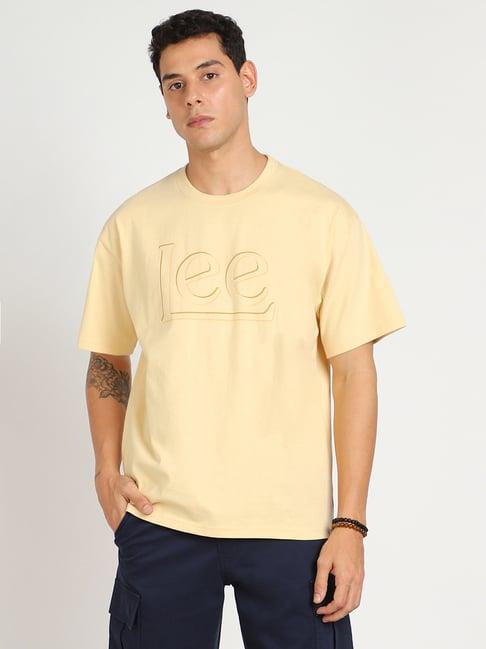 lee beige loose fit logo print cotton oversized t-shirt