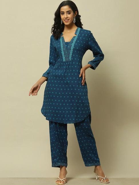 rangriti blue printed kurta palazzo set