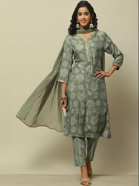 rangriti green printed kurta pant set with dupatta