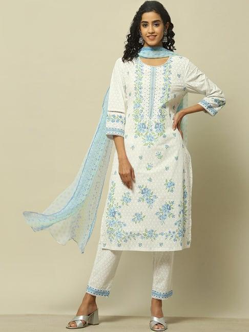 rangriti white cotton printed kurta pant set with dupatta