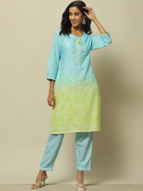 rangriti blue printed kurta pant set