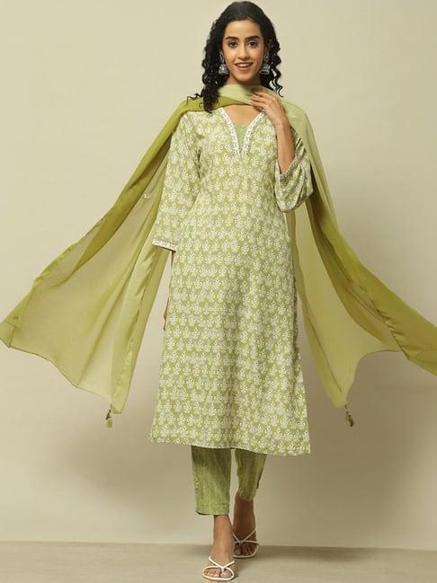 rangriti green printed kurta pant set with dupatta