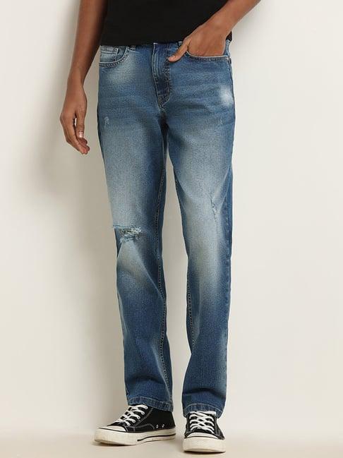 nuon by westside blue distressed mid-rise straight fit jeans