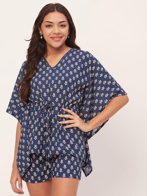 moomaya navy floral print kaftan top with shorts