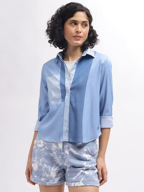 iconic blue cotton color-block shirt