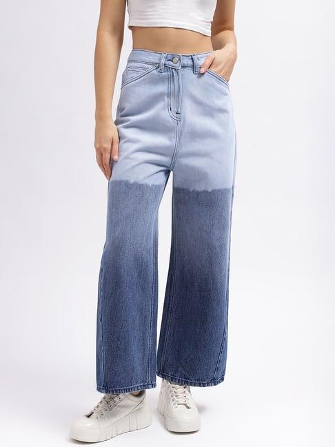 elle blue cotton color-block mid rise jeans