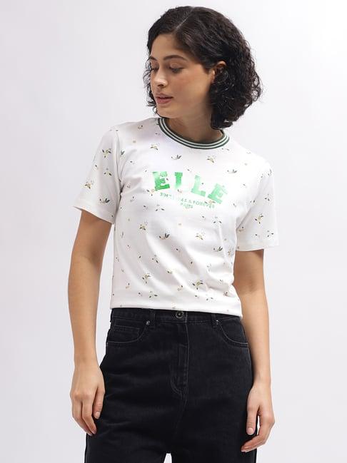 elle white & green cotton graphic print t-shirt