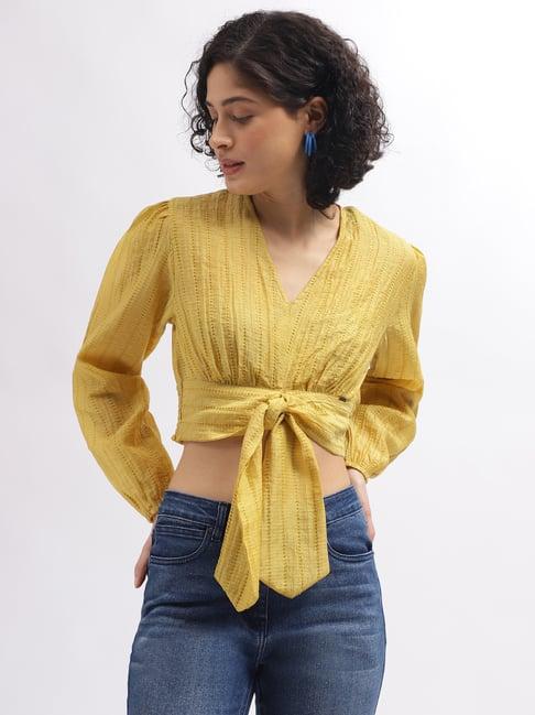 elle mustard self design crop top