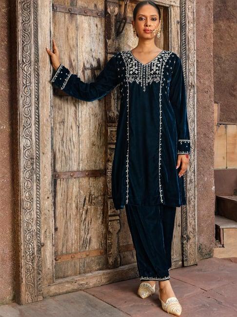 house of chikankari blue embroidered kurta pant set