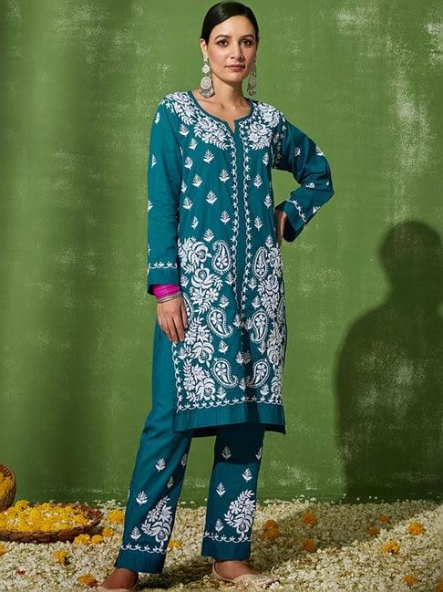 house of chikankari green cotton embroidered kurta pant set