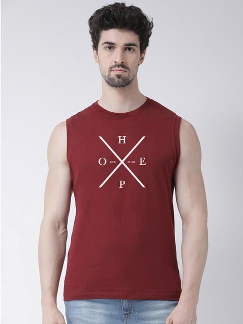 friskers maroon slim fit graphic print sleeveless t-shirt