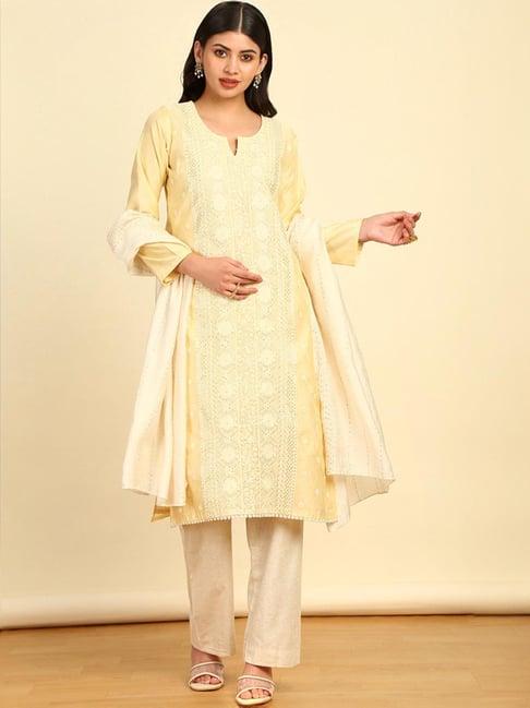 soch womens light yellow chanderi unstitched dress material with sequins