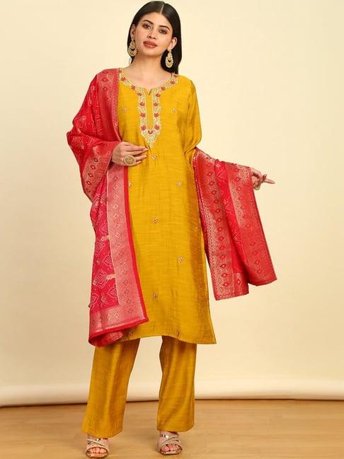 soch womens yellow zari embroidery art silk unstitched dress material